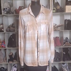 + Plaid Button Down Shirt - Tan and White